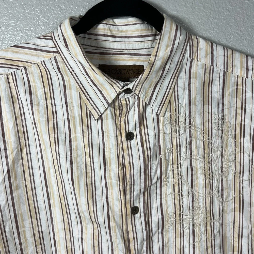 Margaritaville Short Sleeve Men XXXL Shirt White Brown Tan Striped Floral Cotton